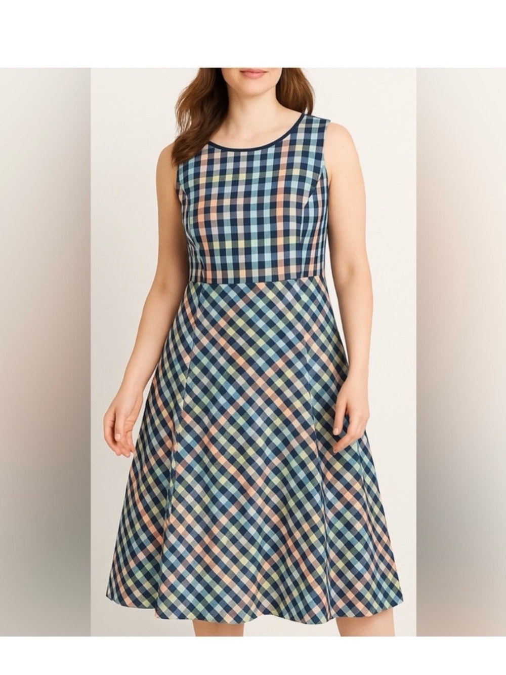 NWT Talbots Navy Plaid Sleeveless Midi Dress with Pastel Accents size 12